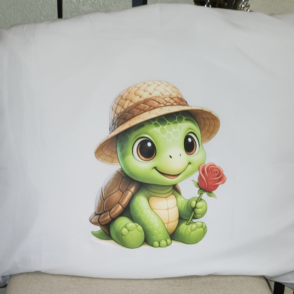 Hand Crafted Green Turtle Pillowcase with Red Rose
